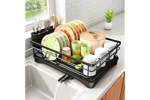 SAYZH Dish Drying Rack - Stainless Steel Dish Rack for Kitchen Counter, Large-Capacity Dish Drainer with Cutlery Holder, Kitchen Organizer for Dishes, Spoons and Forks, Black