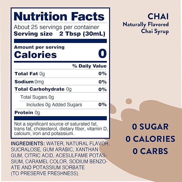 JORDAN’S SKINNY MIXES SUGAR FREE COFFEE SYRUP, CHAI COFFEE FLAVORING SYRUP, ZERO CALORIE DRINK MIX, CHAI LATTES, BAKING, PROTEIN SHAKE OR COCKTAIL, DAIRY & GLUTEN FREE, KOSHER, 25.4 FL OZ