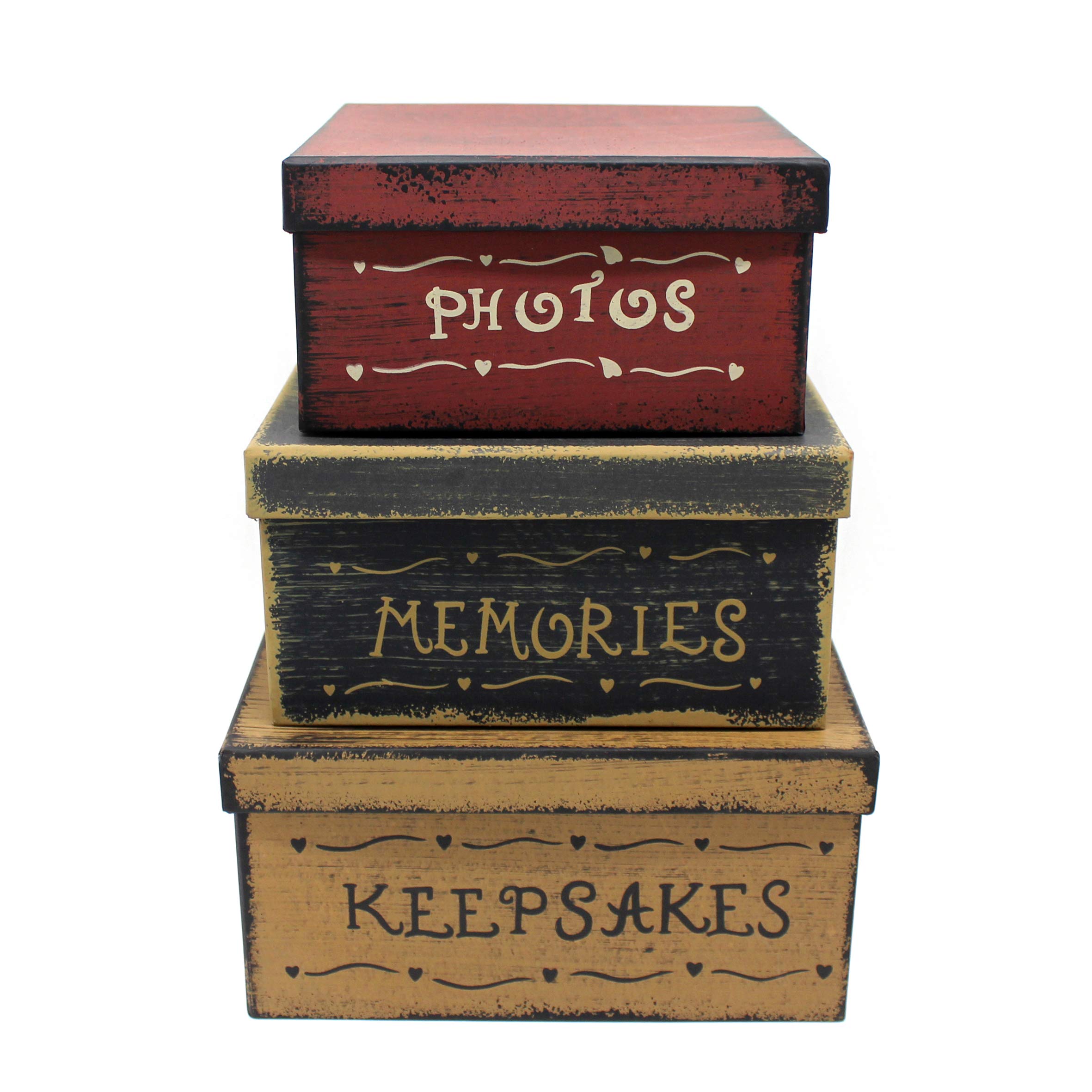 CVHOMEDECO. Primitive Vintage Square Photos, Memories, Keepsakes Cardboard Nesting Boxes, Large 9 X 9 X 4-1/2 Inch. Set of 3.