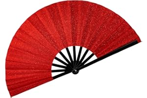 SIISSAPEKSID 13" Glitter Large Rave Fans Clap Fans for Line Dancing Folding Clack Handheld Foldable Decorative Fans Hand Fan for Dance, EDM Music Festivals & Parties(Red)