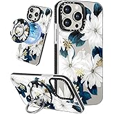 Lotadilo for iPhone 15 Pro Case for Women - Girls Kawaii Design Compatible with Magsafe Magnetic Ring Holder Stand Blue Flower Phone Covers Aesthetic Girly TPU Funda for 15 Pro