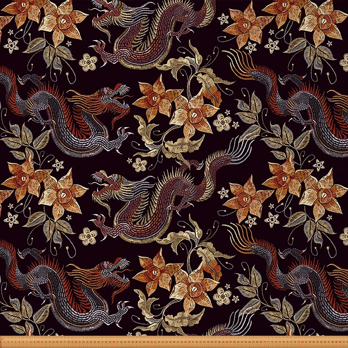 Dragon Fabric by The Yard Oriental Chinese Style Dragon Upholstery Fabric for Chairs Embroidery Design Floral Jungle Animal Decorative Waterproof Outdoor Fabric 5 Yards,(L460*W150cm) Brown Black