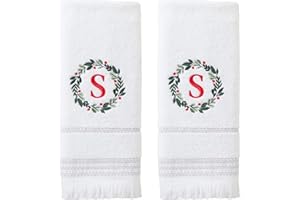 SKL Home Christmas/Winter Wreath Monogram Hand Towel S 2pc Set for Bath/Kitchen/Bar & Gift, White