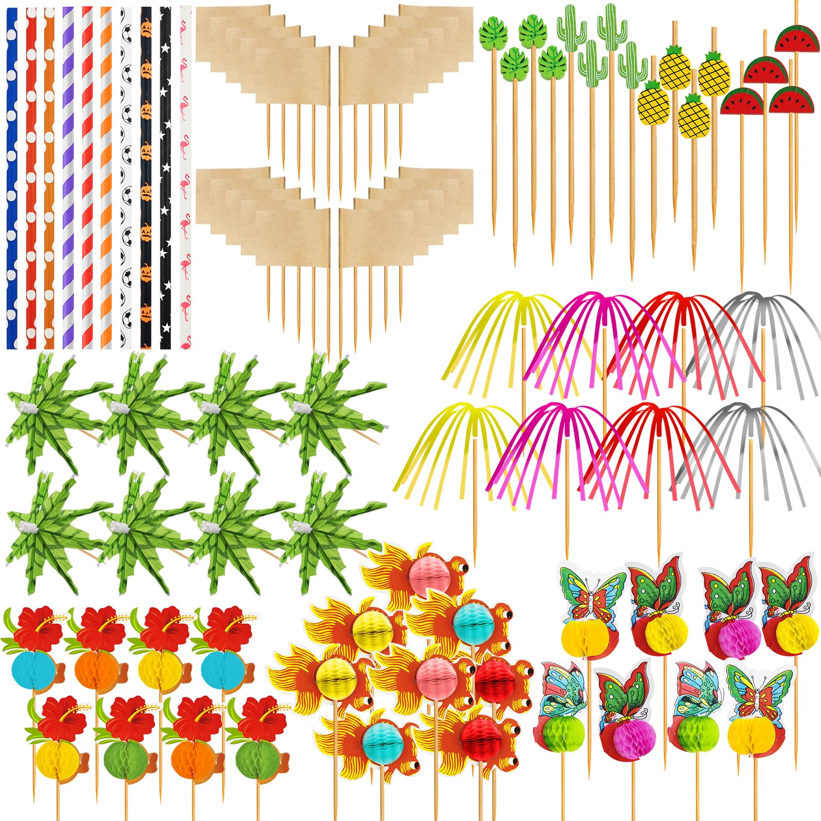 Ysimple 168 Pcs Cocktail Accessories for Drinks, Reusable Cocktail Party Decorations with Cocktail Umbrella Sparklers Cocktail Straws Sticks for Festival, Hawaiian Party Decorations, Beach Bar