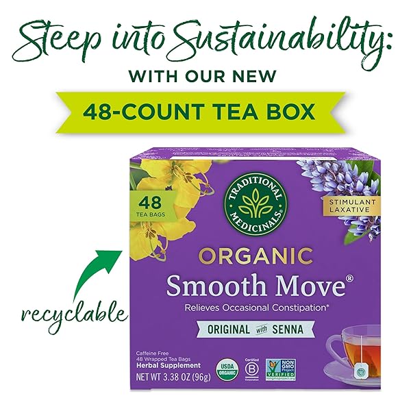 TRADITIONAL MEDICINALS ORGANIC, SMOOTH MOVE TEA, ORIGINAL WITH SENNA – HELPS RELIEVE CONSTIPATION OVERNIGHT – KOSHER, NON-GMO, CAFFEINE-FREE – 48 TEA BAGS