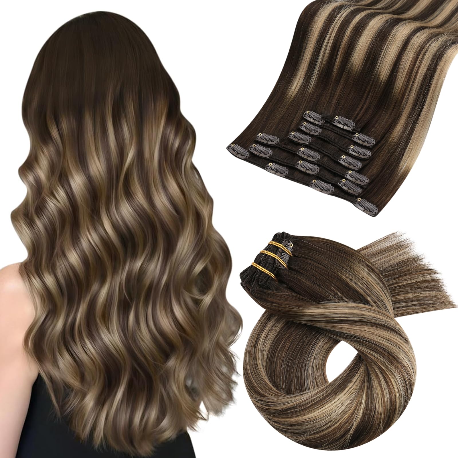 Moresoo Clip in Hair Extensions Real Human Hair Balayage Dark Brown and Caramle Blonde Real Hair Clip in Extensions Human Hair 16 Inch for Women 7 Pieces/120g #4/27/4 — image 1