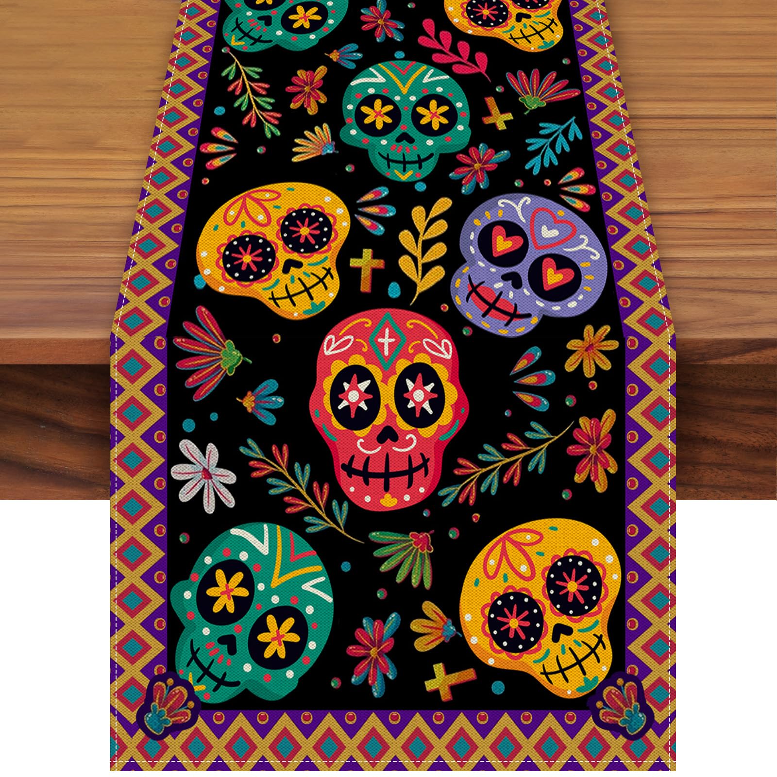 Photo 1 of 72 x 13 Inch Day of The Dead Table Runner - Colorful Sugar Skull and Floral Pattern Table Runner for Dia de Los Muertos, Holiday, Home, Kitchen, Mantel, Dining Table Decor, Mexican Party Supplies