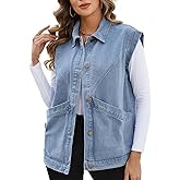 Ladyful Womens Oversized Denim Vest Long Jean Vest Top Utility Button Down Sleeveless Jean Jacket with Pockets
