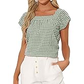 Allegra K Gingham Tops for Women Summer Cute Cap Sleeve Square Neck Plaid Shirts Casual Blouses