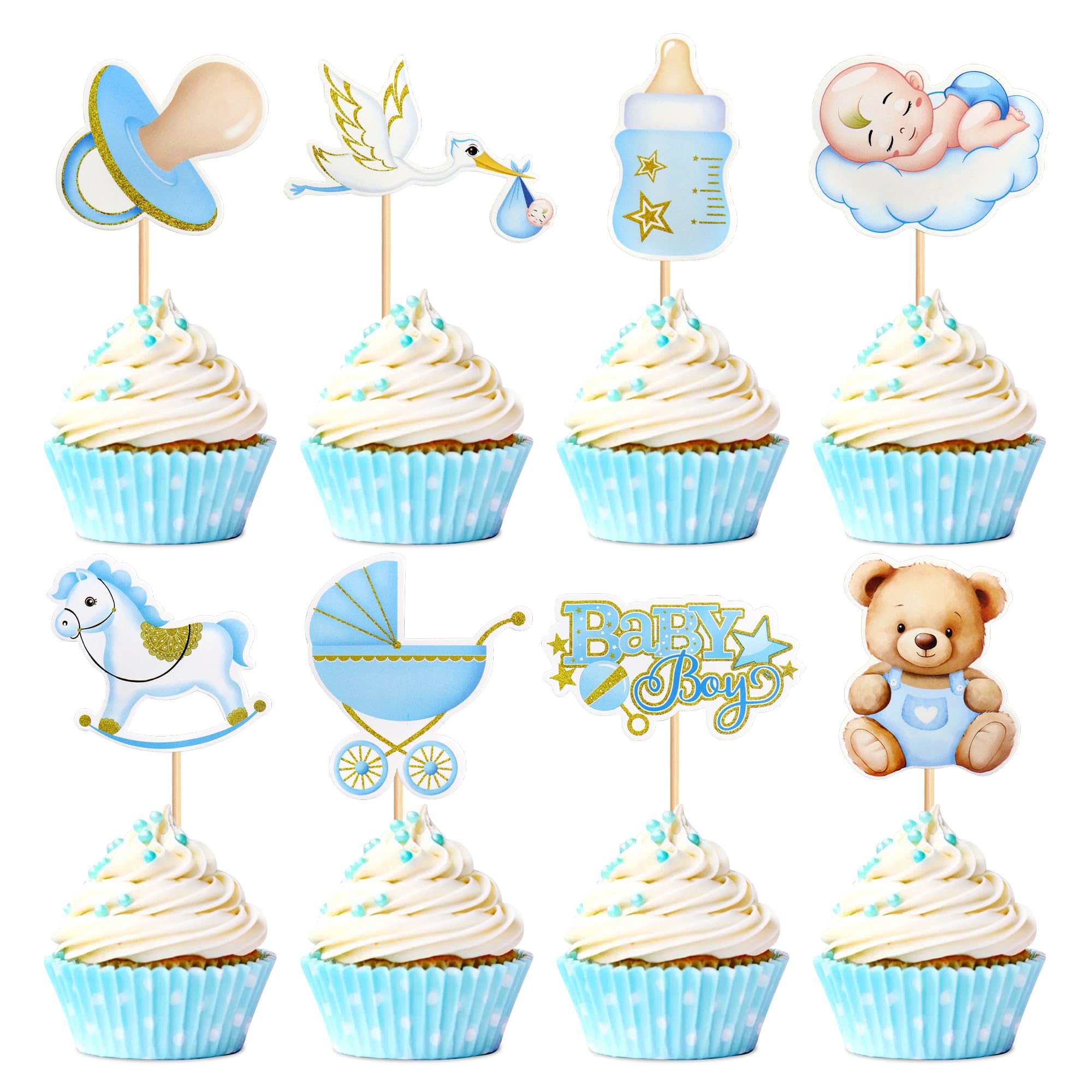 Photo 1 of 24 PCS Baby Shower Cupcake Toppers Bear Cupcake Picks for Baby Shower Kids Birthday Theme Party Gender disclosure Cake Decorations Supplies blue