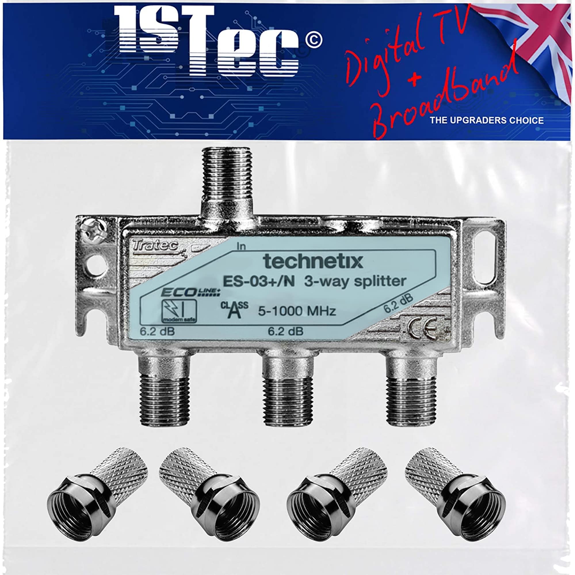 1STec Genuine Virgin Media 3 Way Technetix Passive Wideband Signal TV Splitter Screw-on F-Connector Type TiVo TV Set Top Box Superhub Internet Router 5-1218MHZ Freeview DVB-C/T2/S 5-1000MHZ