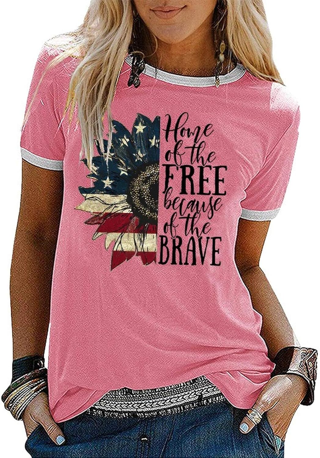 YourTops Women Home of The Free Because of The Brave T-Shirt American Flag Shirt