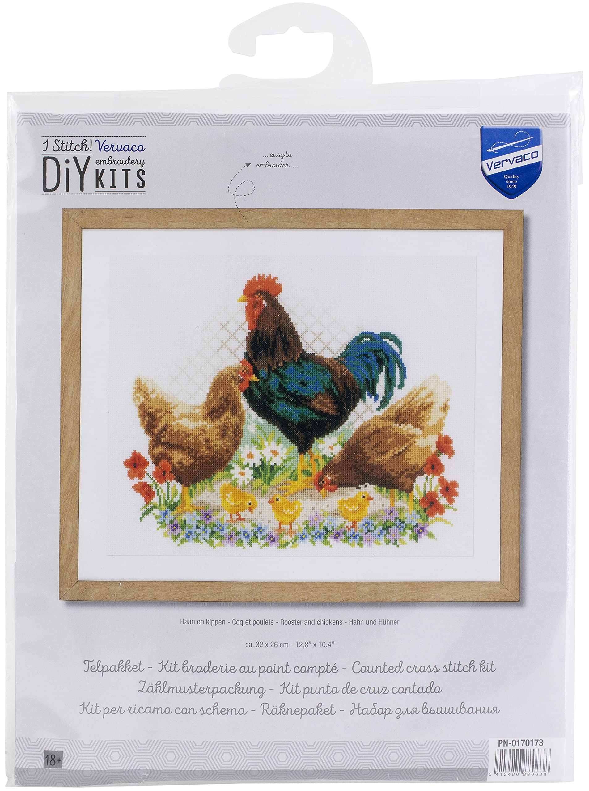 Vervaco Counted Cross Stitch Kit 12.8" X10.4" - Rooster & Chickens (14 Sides)