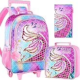 gxtvo Mermaid Rolling Backpack for Girls, Roller Wheels Kids Bookbag - Wheeled Elementary School Bag - 3PCS Mermaid