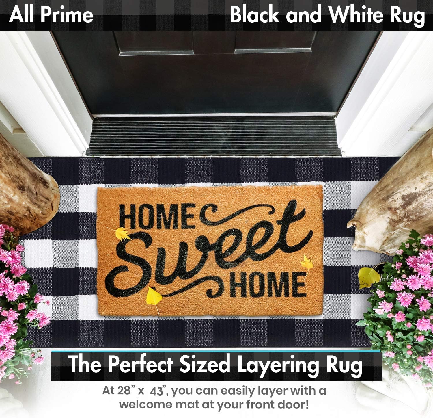 All Prime Buffalo Plaid Rug - Extra Large 28" x 43" Pure Black and White Rug for Indoor & Outdoor - Buffalo Check Rug for Kitchen, Bathroom, Porch Decor- Buffalo Plaid Front Door Mat with Laundry Bag: Kitchen & Dining