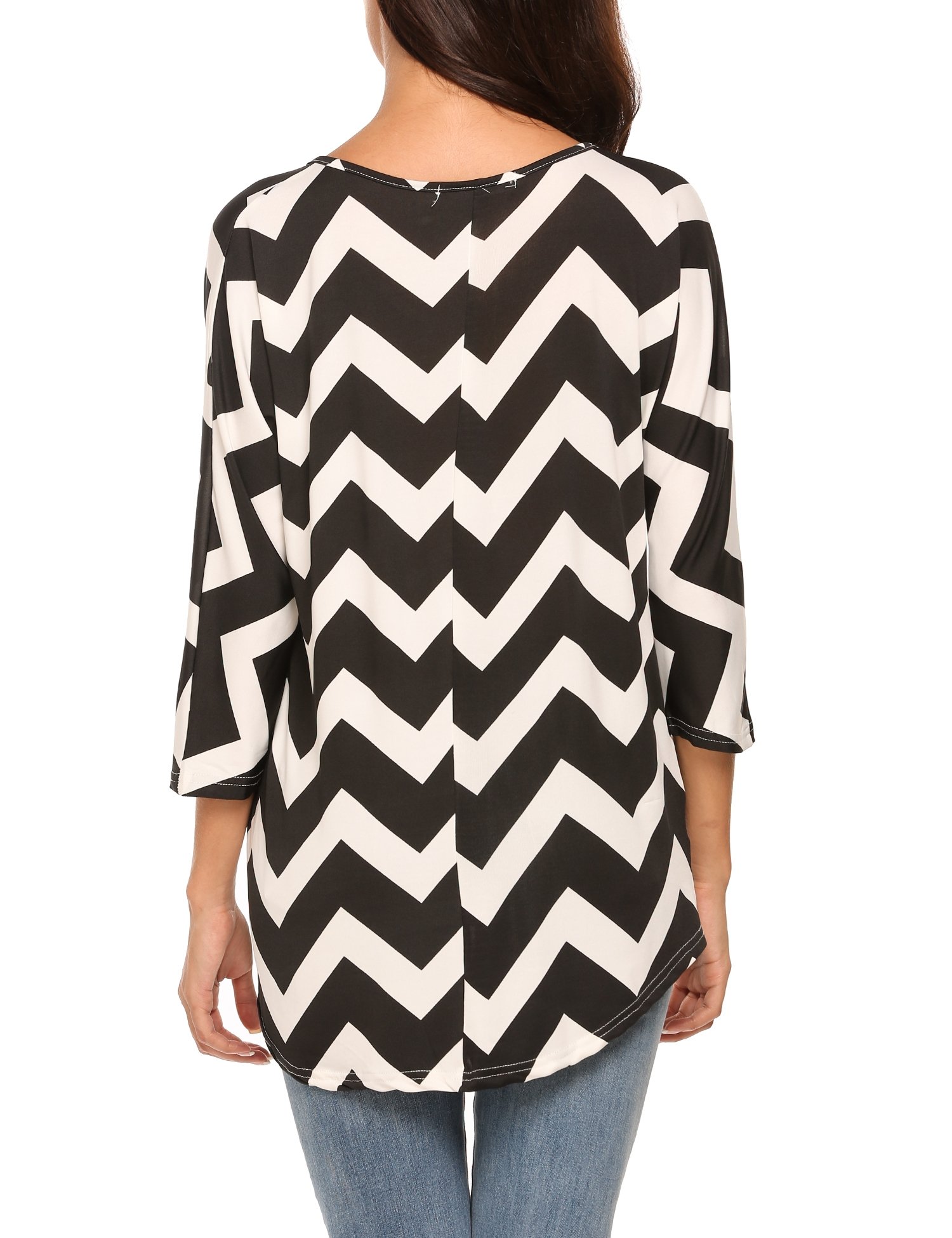Zeagoo Women Casual Round Neck 3 4 Sleeve Chevron Print Tunic Top Black M