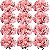 Tigeen Artificial Flowers Artificial Peonies Silk Flowers Faux Peony Fake Peony Silk Hydrangea Bouquet for Wedding Table Centerpiece Floral Vase Decor(Rose Pink,12 Bundles)