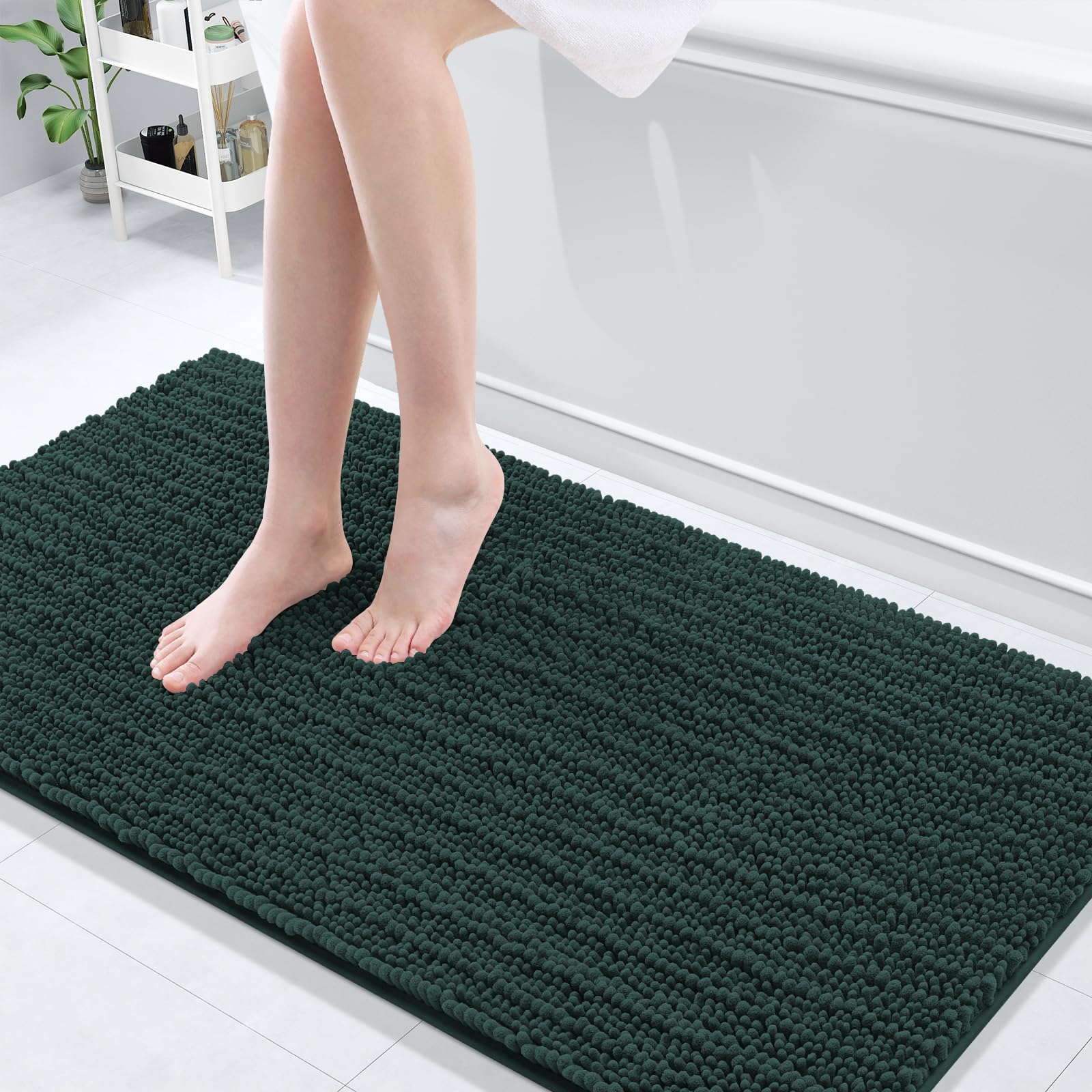 Arotive Luxury Chenille Bathroom Rug Mat, Extra Soft Thick Absorbent Shaggy Bath Rugs, Non-Slip Machine Wash Dry, Plush Bath Mats for Bathroom, Shower and Tub, 60x24, Dark Green Image
