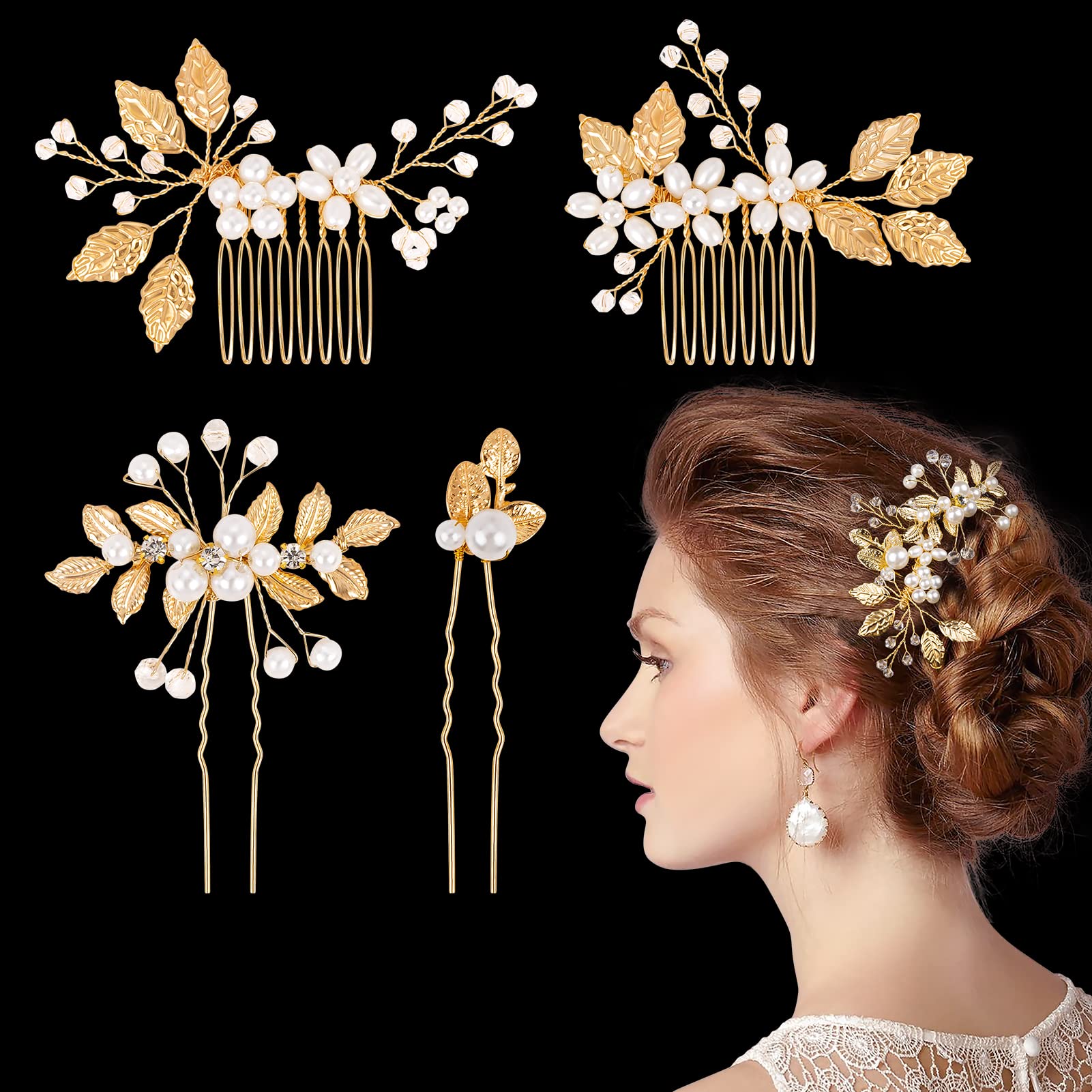 4 Piece Bridal Floral Hair Clips Gold