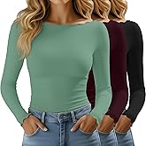 Huukeay 3 Pack Women's Long Sleeve Tops Lettuce Trim Boat Neck Shirts Slim Fit Casual Basic Fitted Tees