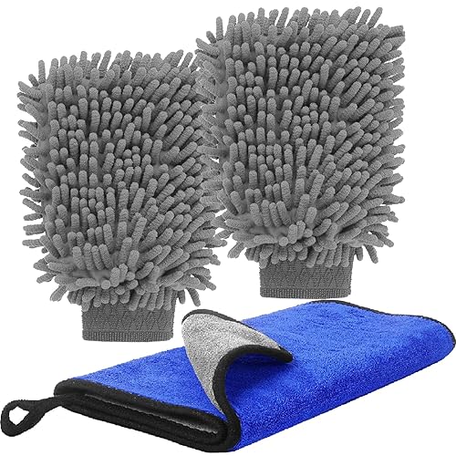 tallkeey 3 Pcs Car Wash Mitts Set, Double Sided Microfiber Car Washing Mitts, Super Absorbent Microfibre Cars Wash Mitt, Cleaning Mitt Glove for Cars Cleaning