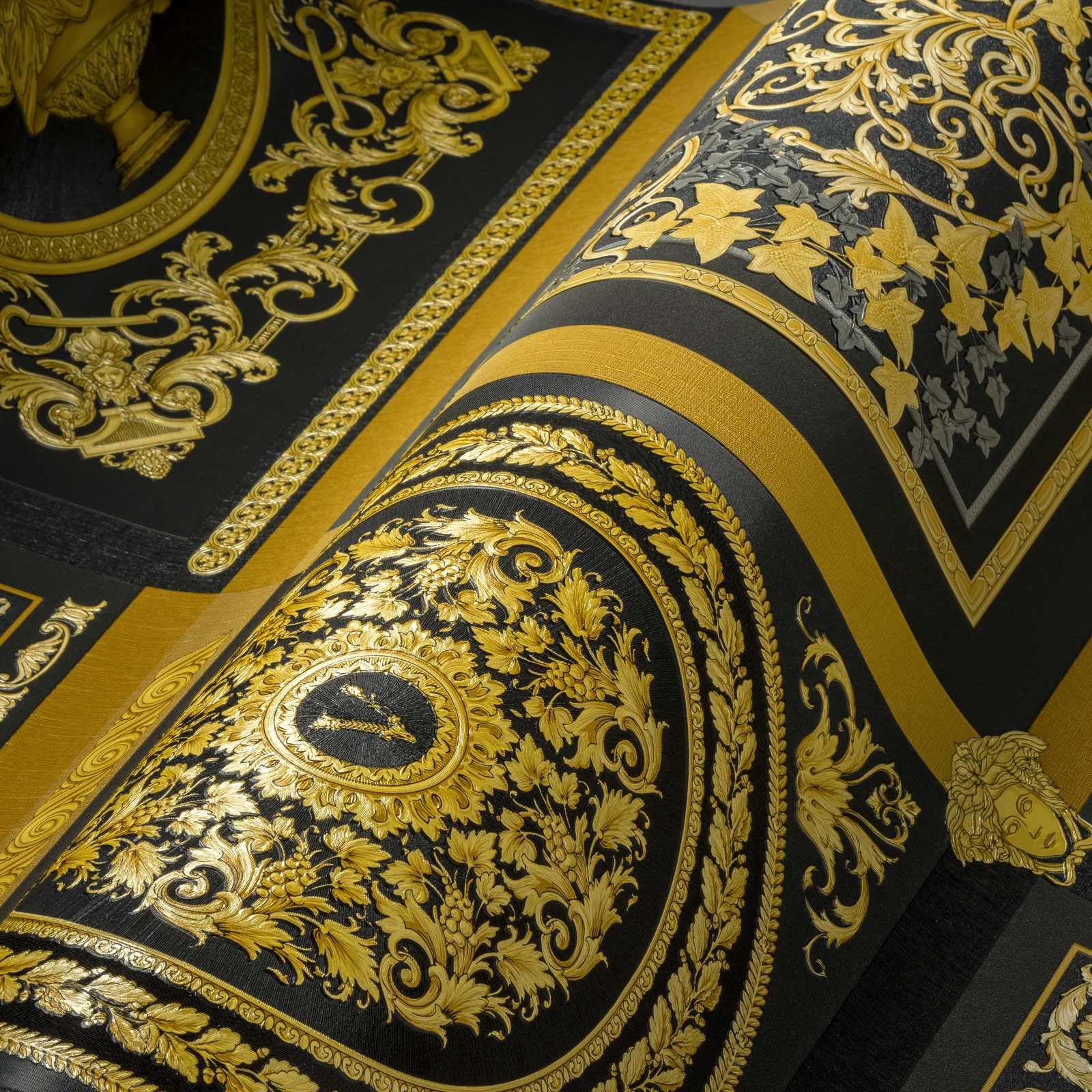 Versace Wallpaper Baroque Luxury Wallpaper Floral 387043 Black Gold Designer Logo Medusa 10.05 x 0.70 m Made in Germany