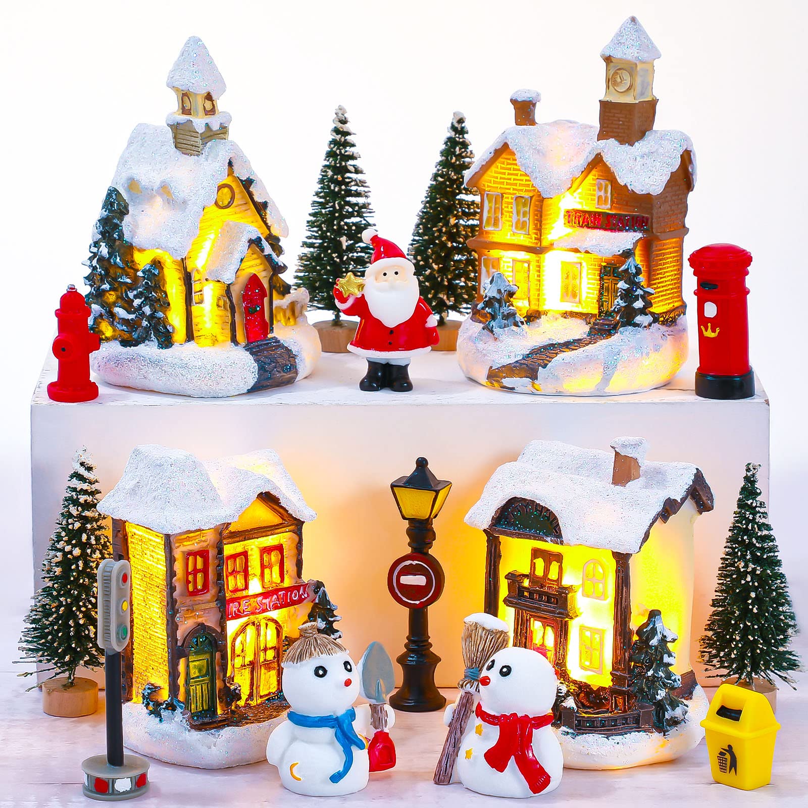 Photo 1 of 16 Pieces Christmas Village Set - Battery Operated Houses, Xmas Town Scene Desktop Ornament, Figurines, Accessories, Resin Buildings, Landscape Decor