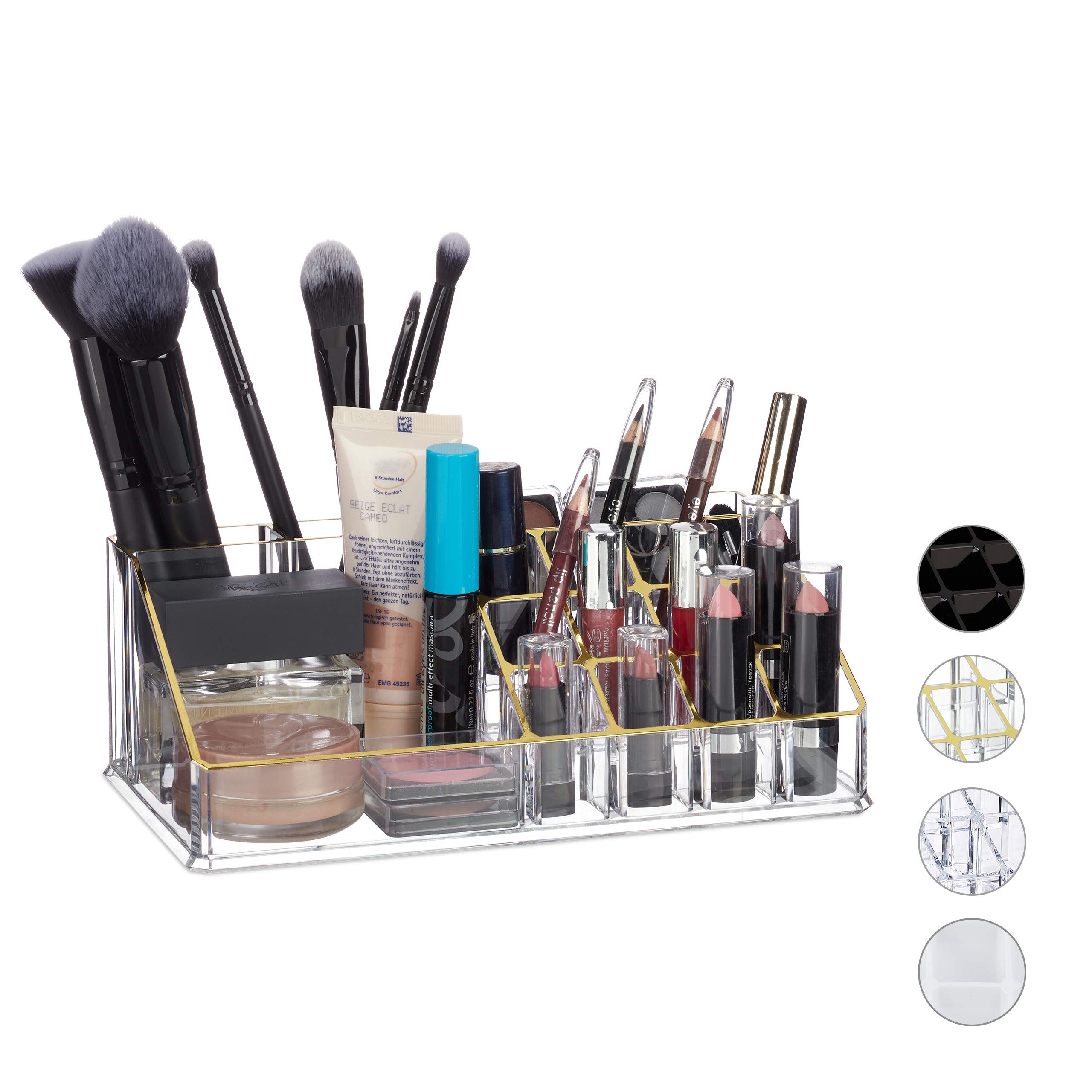 Relaxdays Cosmetic Organiser, Makeup Kit for Lipstick, Nail Polish, Acrylic Jewellery Stand, Golden