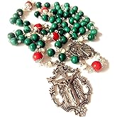 elegantmedical Handmade Malachite & Red Coral Rosary Beads Cross Necklace Catholic Gifts