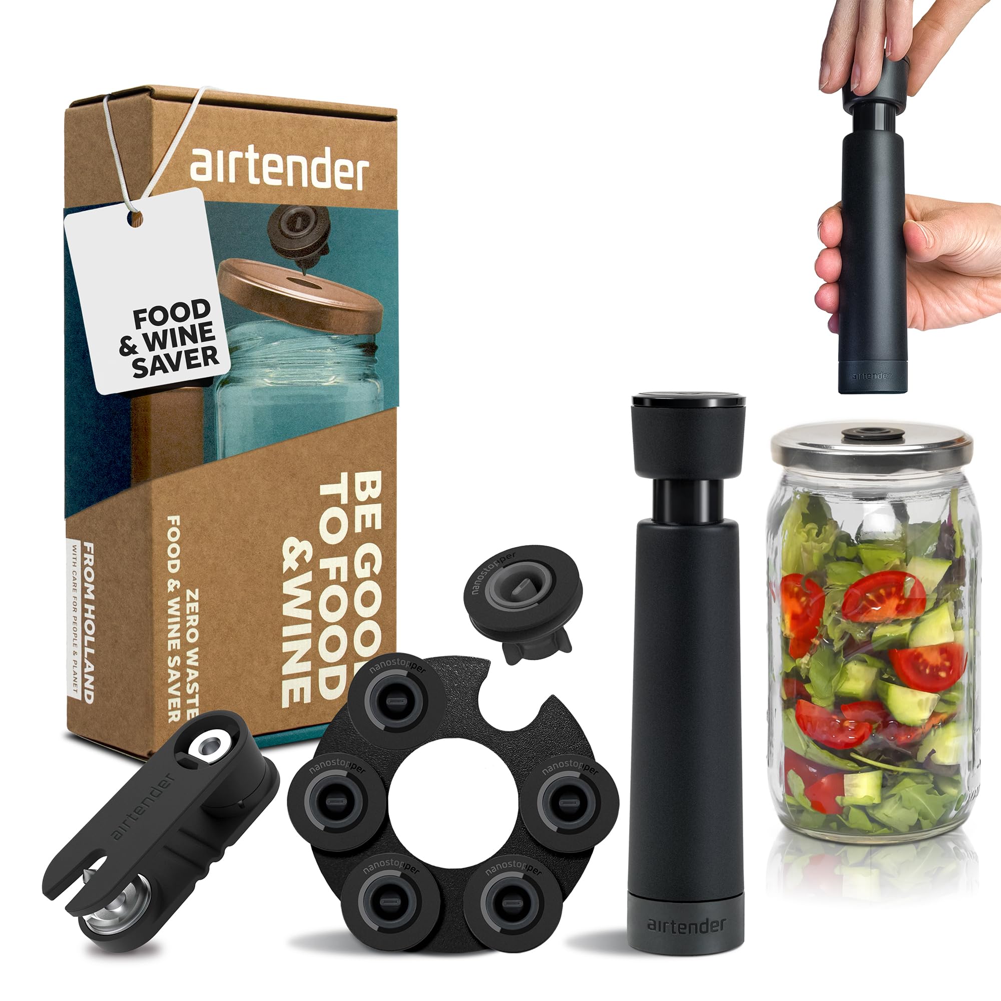 Airtender vacuum set jars & bottles - vacuum pump - 6 wine stoppers - gift box