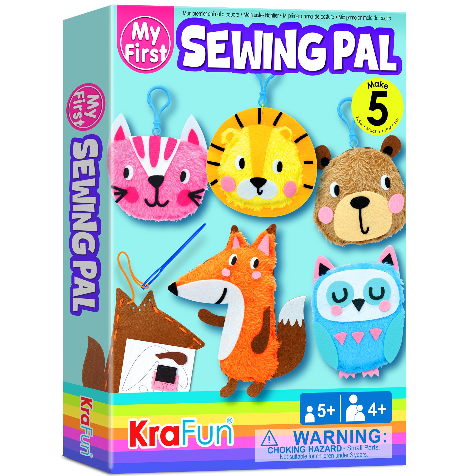 KRAFUN My First Sewing Animal Kit for Kids, Beginner Crafts with 5 DIY Projects (Stuffed Animal Dolls, Keyring Charms), Plush Felt, Instructions, Embroidery Supplies, Pre-Punched Fabric
