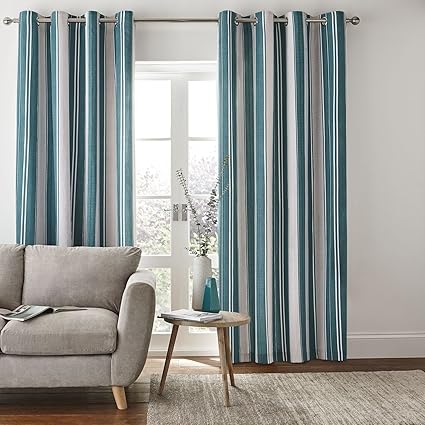 Catherine Lansfield Herringbone Stripe Curtains Teal 90x90inch
