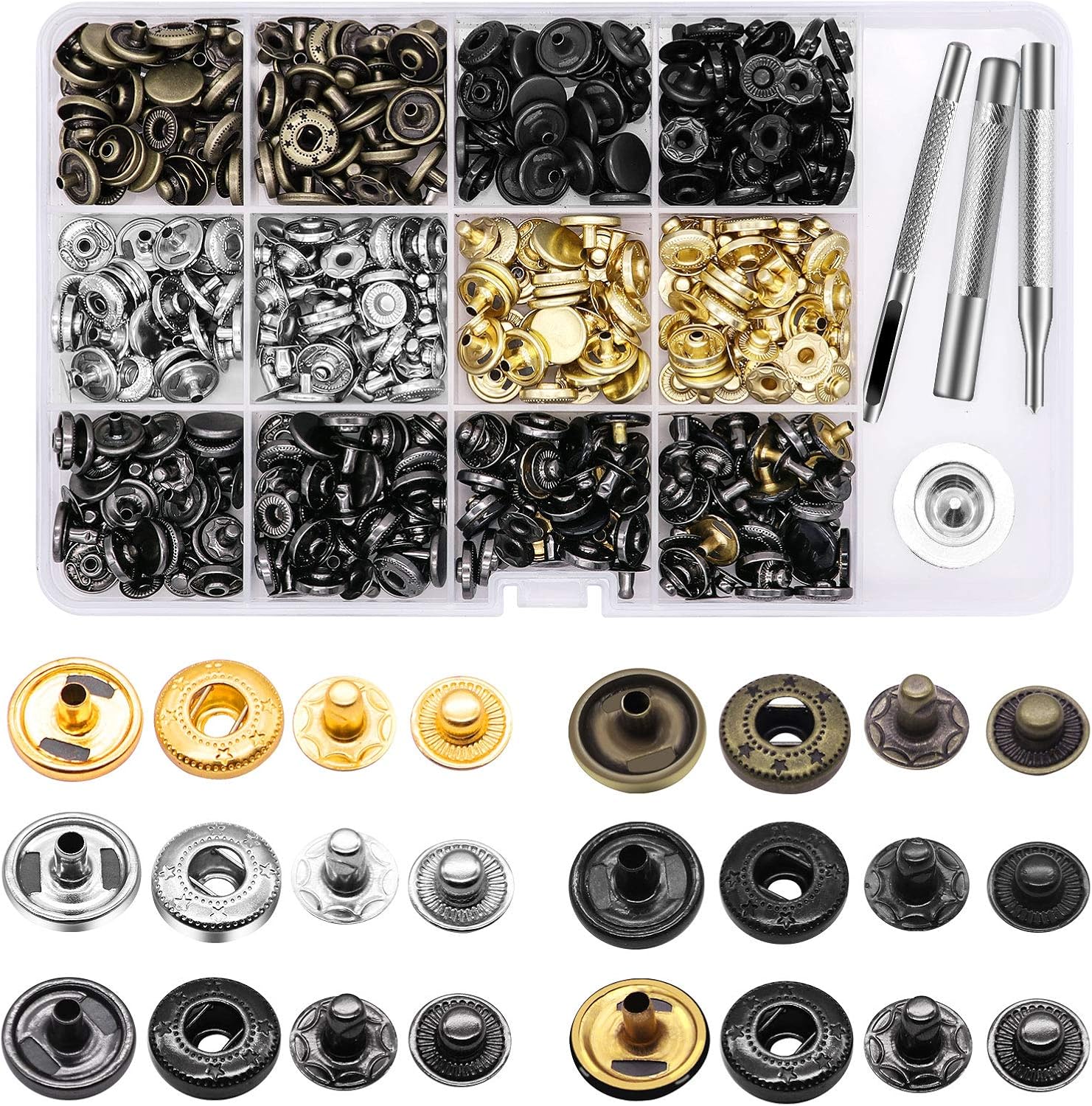 120 Sets Snap Fasteners Kit, Metal Snap Buttons Press Studs with 4