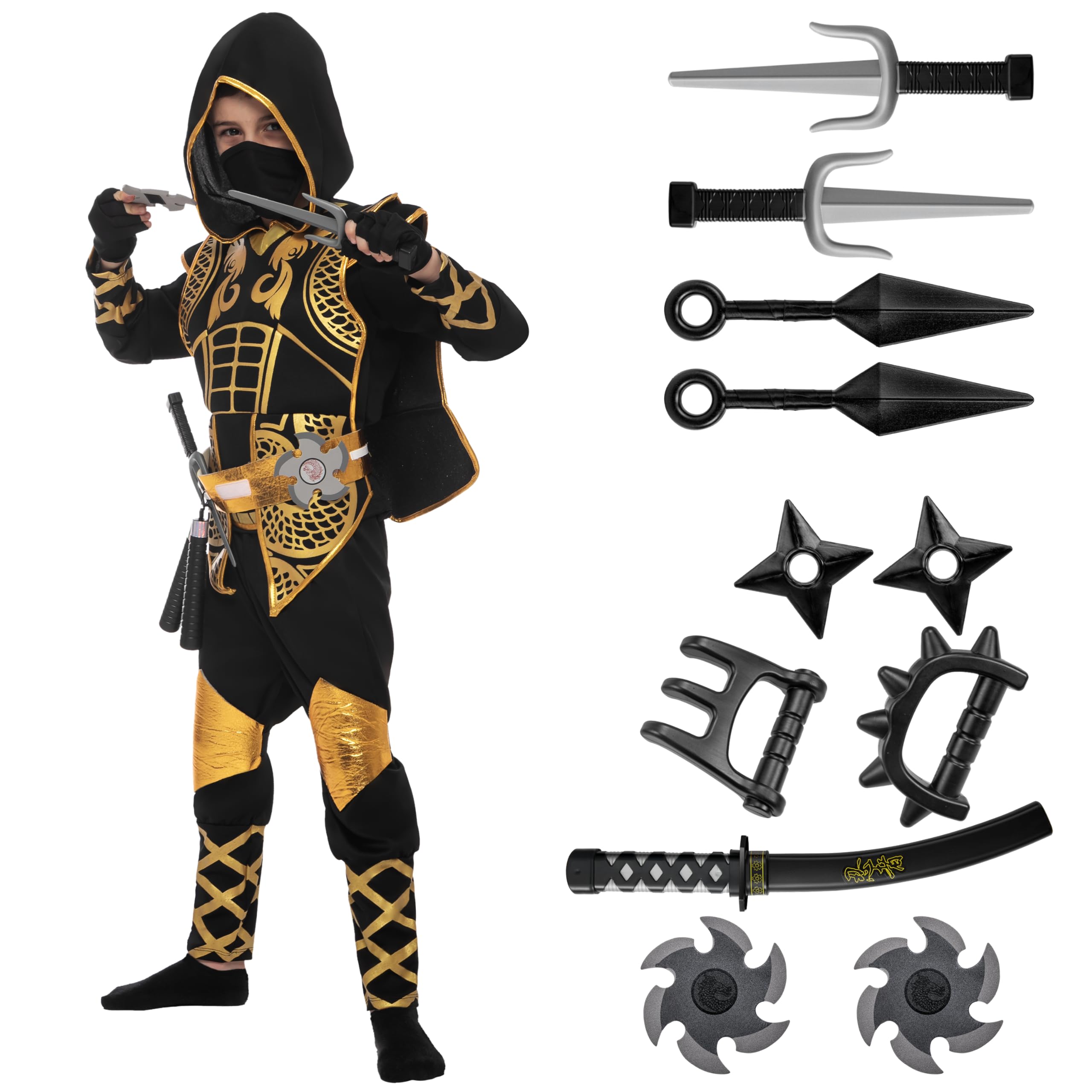 Spooktacular Creations Golden Ninja Costume Set, Ninja Jumpsuit with Foam Accessories for Kids, Toddler Halloween Outfit for Ideas Cosplay Party (Medium, 8-10 yrs)