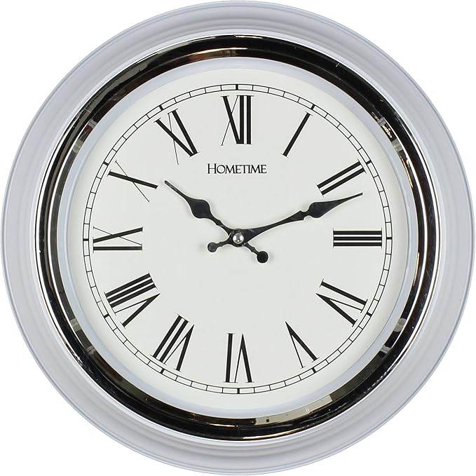 Very Large 14" (35cm) Diameter Quartz White & Chrome Wall clock W7543