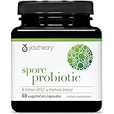Youtheory Spore Probiotic - Helps Gut Health* - 6 Billion CFU with Prebiotics - Supports Regular Bowel Movement & Diarrhea Relief* - Shelf Stable - 60 Vegetarian Capsules (30-Day Supply)