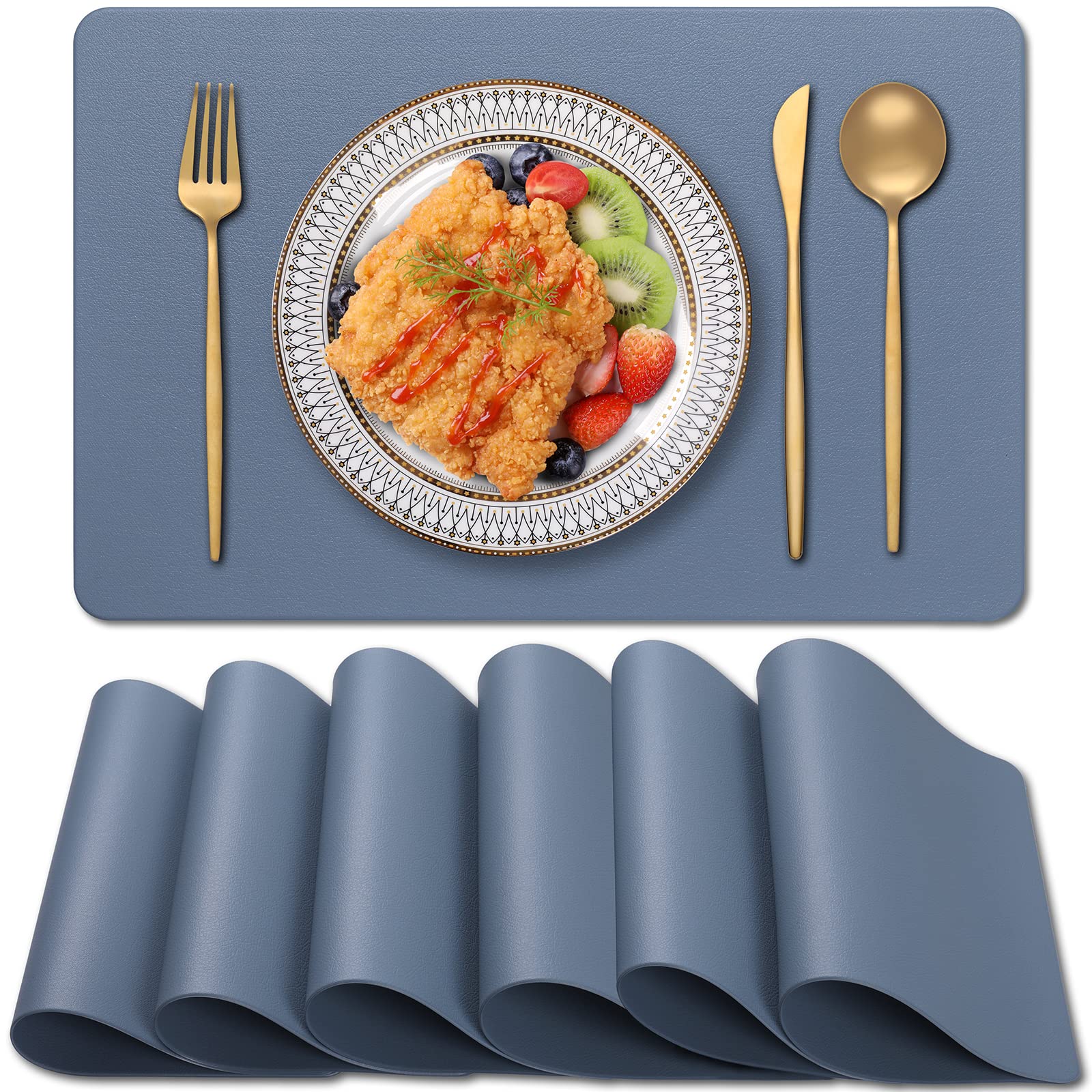 Blibalaskr PVC Heat Resistant Placemats Set of 6,Waterproof Wipeable Floor Place Mats,Non-Slip Easy Clean Table Mats for Kitchen Table Decor,12×18 Inch (Blue)