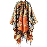 Hoosige Women's Tassel Open Front Poncho Cape 51.2 x 61'' Reversible Winter Warm Shawl Wrap Printed Poncho Cardigan for Women