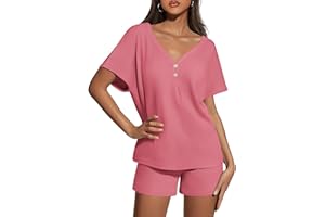 Ekouaer Womens 2 Piece Short Sets Waffle Knit Lounge Set Women's Pajama Set Summer Outfits V Neck and Shorts with Pockets