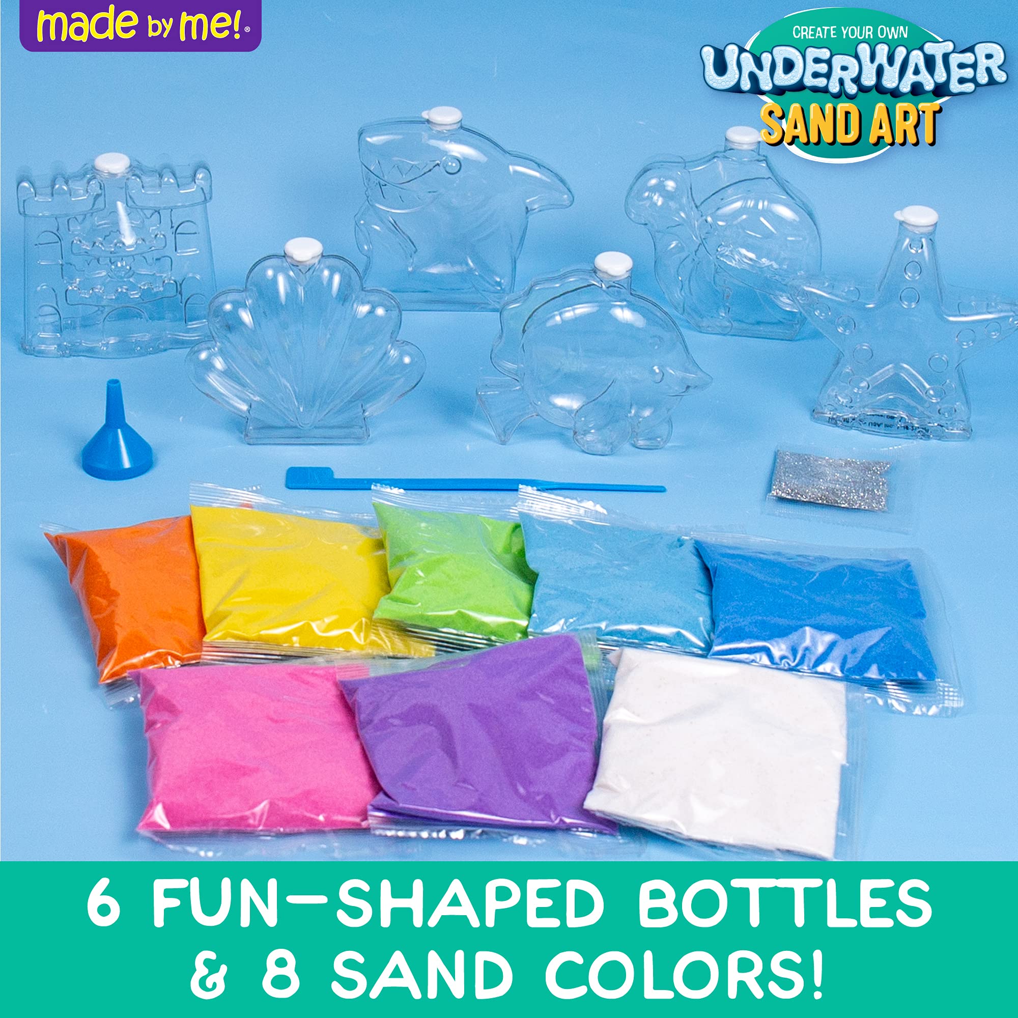 Made By Me Create Your Own Underwater Sand Art, Includes 6 Ocean-Themed Bottles, 8 Sand Colors, Glitter, & Funnel, Great Staycation or Group Activity, Party Idea, DIY Sand Art For Kids Ages 6, 7, 8, 9