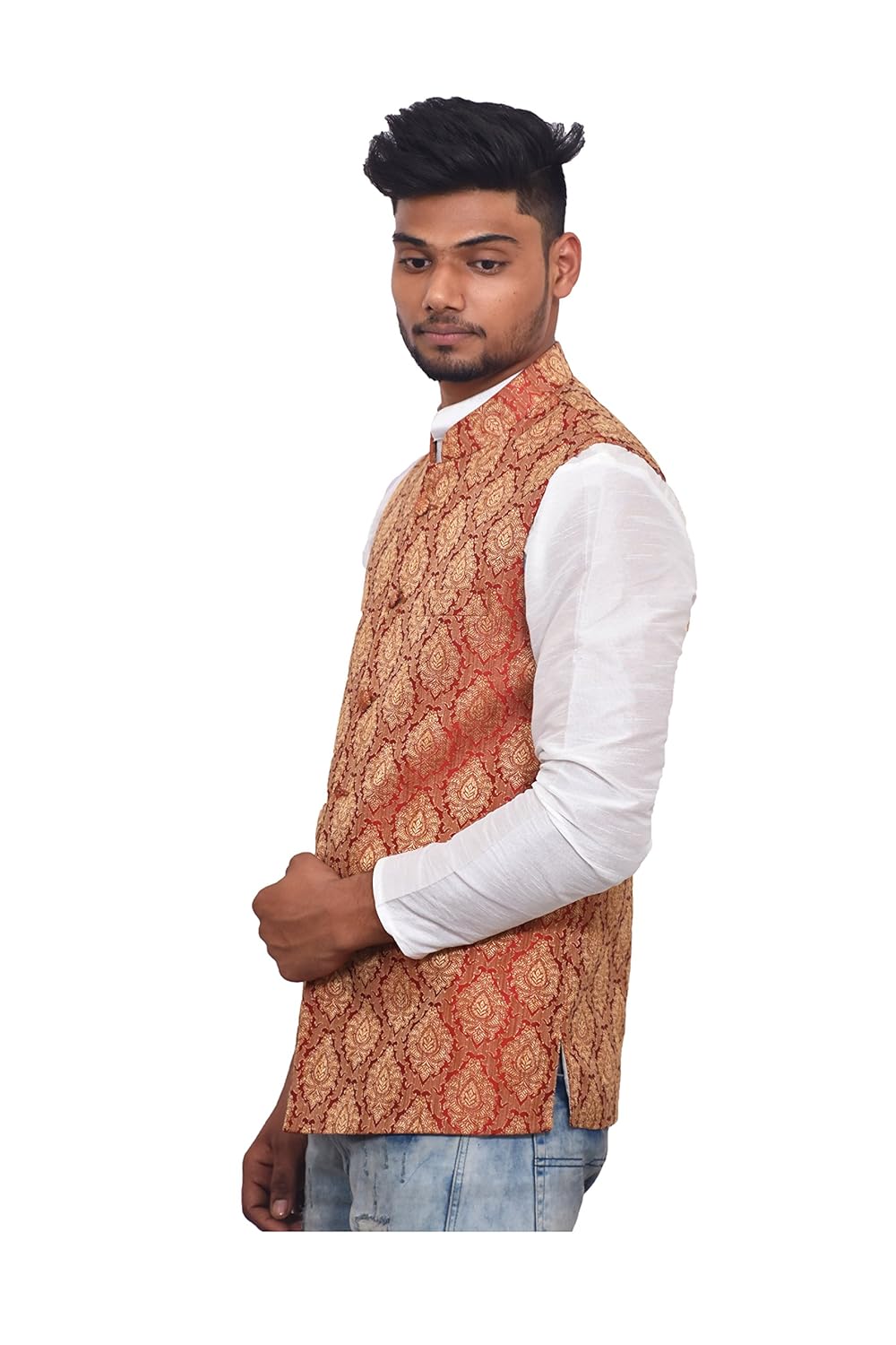 unm men's designer red silk blend dupion nehru and modi jacket