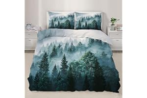 Forest Comforter Cover 120" x 98", Foggy Forest Bedding Oversized King Size, Misty Woodland Duvet Cover with 2 Pillowcases