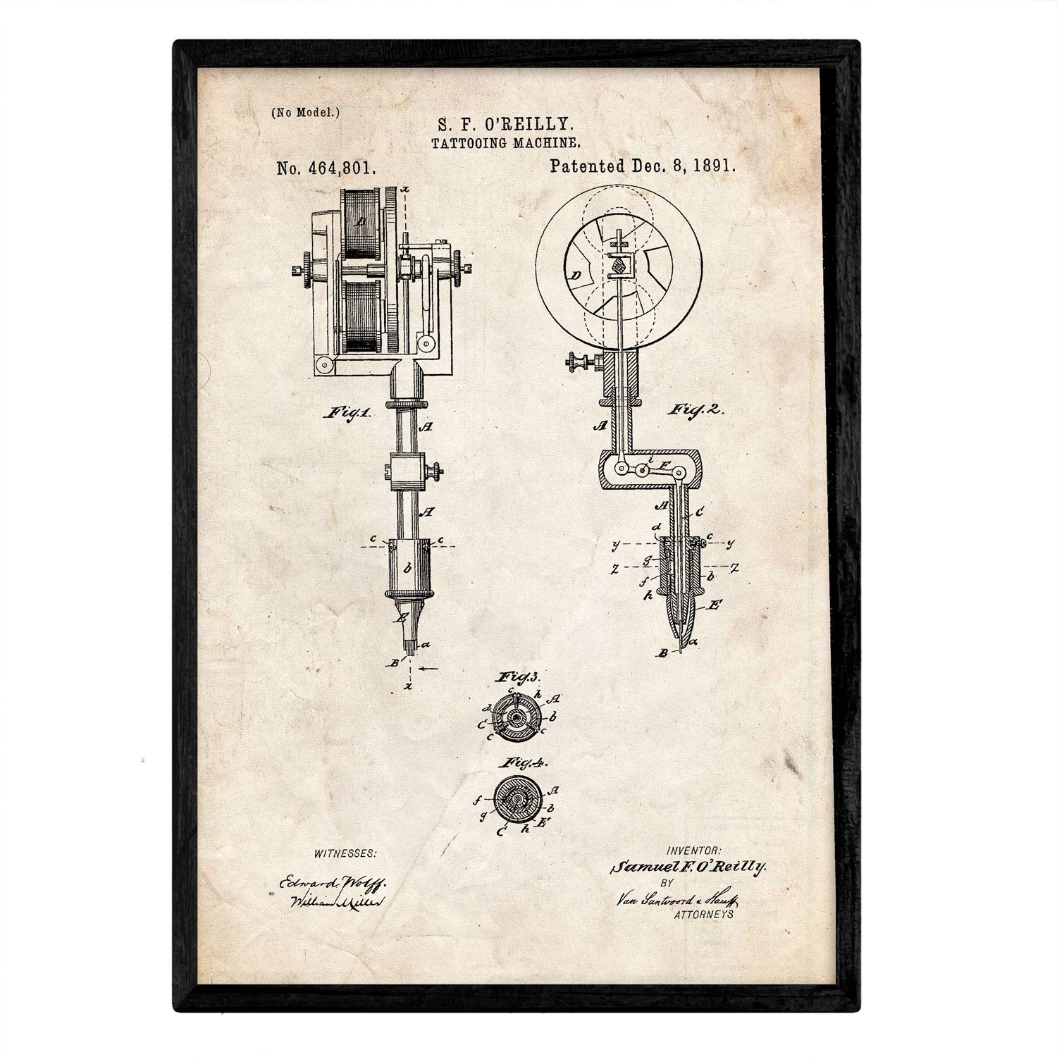 Nacnic Poster patent tattoo machine. Sheet with old design patent in A3 size and vintage background