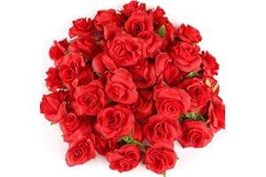 Kesoto 50pcs Red Roses Buds Artificial Flowers Bulk, 1.6" Small Silk Fake Roses Flower Heads for Decoration, Crafts, Wedding Centerpieces Bridal Shower Party Home Decor