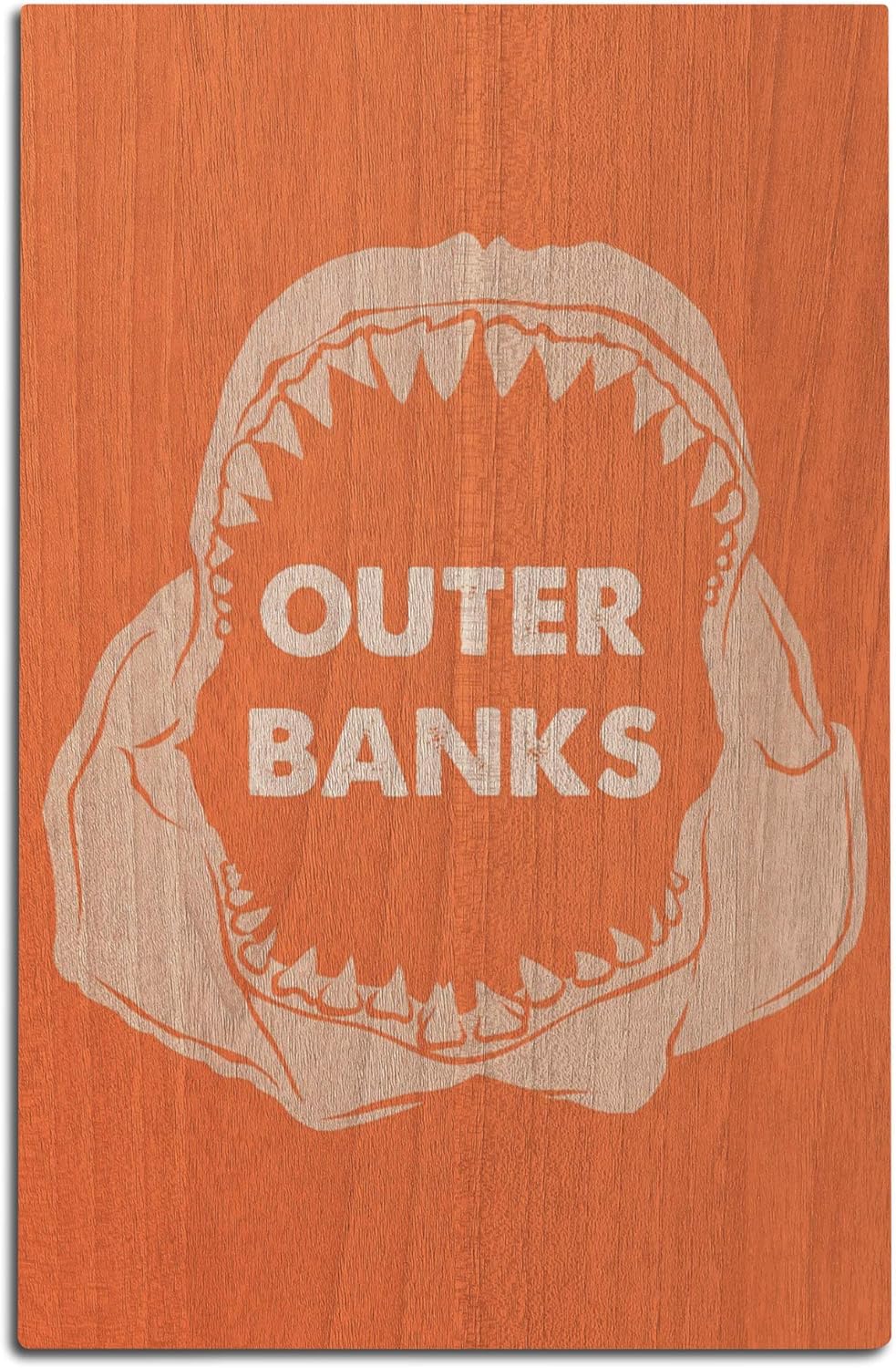 Lantern Press Outer Banks, North Carolina - Shark Bite - Orange Background 106496 (12x18 Wood Wall Sign, Wall Decor Ready to Hang)