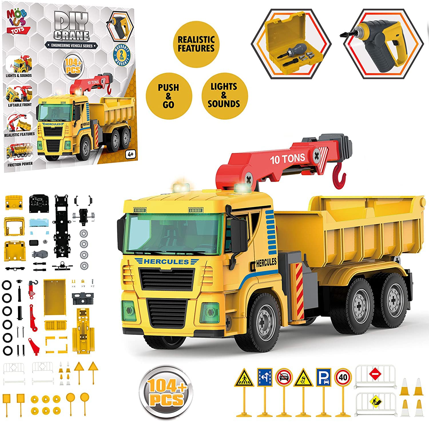 Take Apart Construction Crane Truck Toy for Kids - 104 Pcs STEM Toys w/Drill, Push & Go Lights & Sounds for Kids - DIY Construction Building Vehicle Playset for Boys Ages 4 5 6 7 8 Years Old