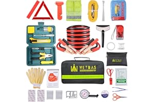 WETBAS Car Roadside Emergency Kit, Auto Vehicle Safety Emergency Road Side Assistance Kits Essentials, Solenoid Starter Repair Kit with Jumper Cables, Safety Hammer, Reflective Warning Triangle