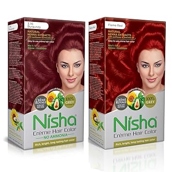 Nisha Creme Hair Color Combo Pack Burgundy & Flame Red Rich, Bright, Long Lasting Shine Hair Colour (60gm + 90ml + 18ml Nisha Conditioner)