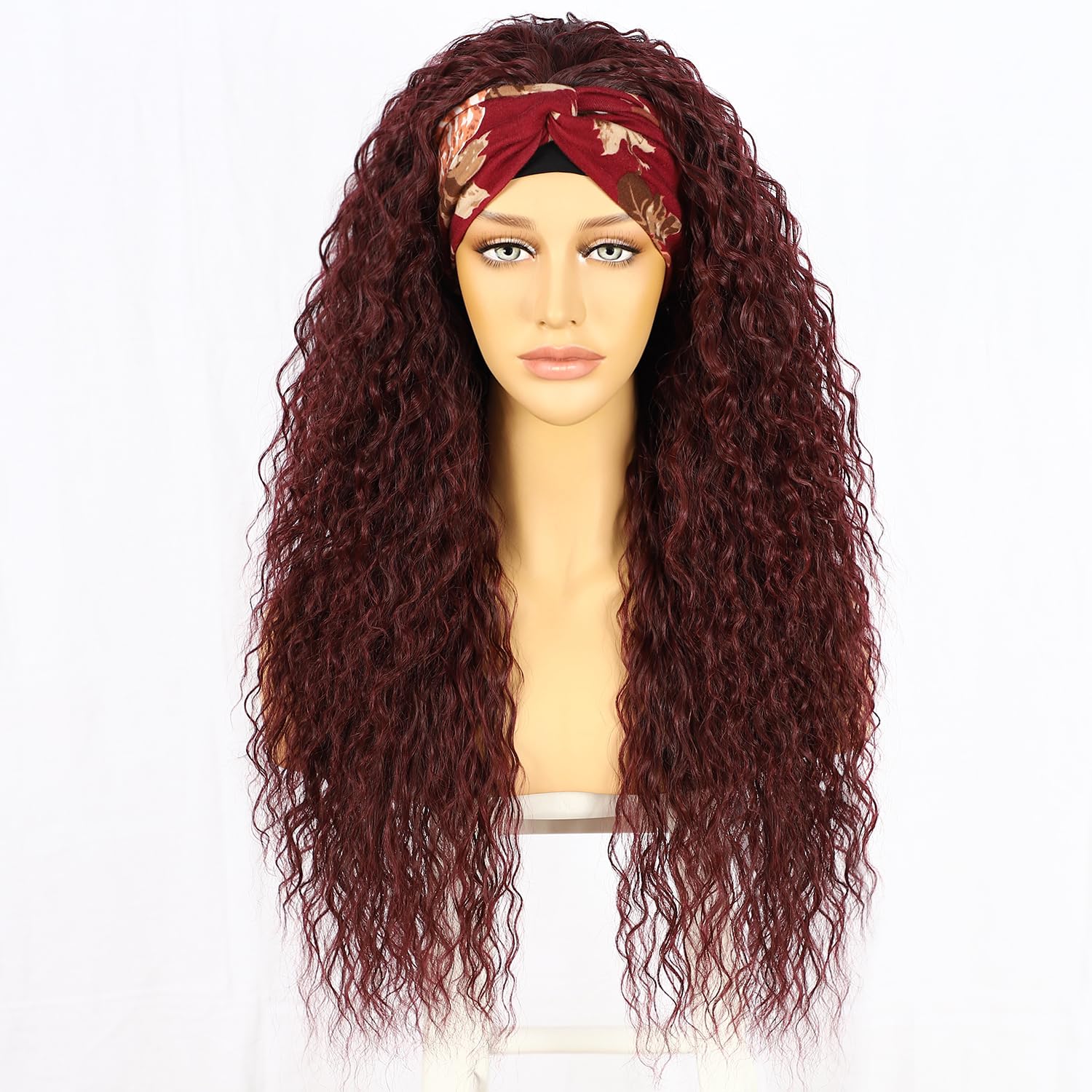 Sapphirewigs Curly Headband Wig Long Burgundy Synthetic Hair Loose Water Wave Headband Wigs for Women Glueless 150% Density 26 inch