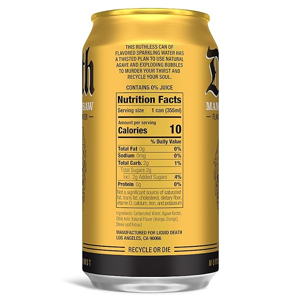 LIQUID DEATH SODA-FLAVORED SPARKLING WATER – MANGO CHAINSAW (MANGO ORANGE), LESS SUGAR*, HUGE FLAVOR, NO CAFFEINE, NO ARTIFICIAL SWEETENERS, 12 FL OZ (PACK OF 12)